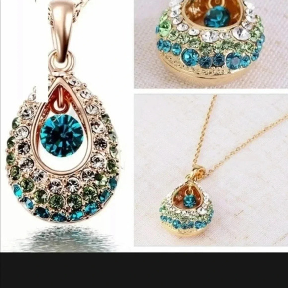 Peacock Color Gemstones in 18k Gold Plated Chain Necklace NWT - Picture 3 of 3